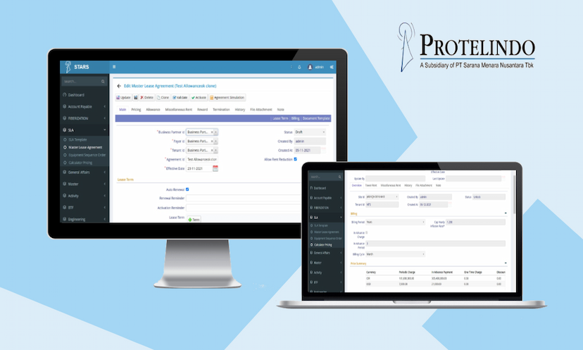 image of An application solution that allows control and monitoring of tower leases for all respective customers/tenants to maximize revenue. This solution helps Protelindo as a tower industry player to manage and administer their leasing requirements e.g. master lease agreement, grandfathered management, site lease agreement management and administration, pricing calculator, etc.​
