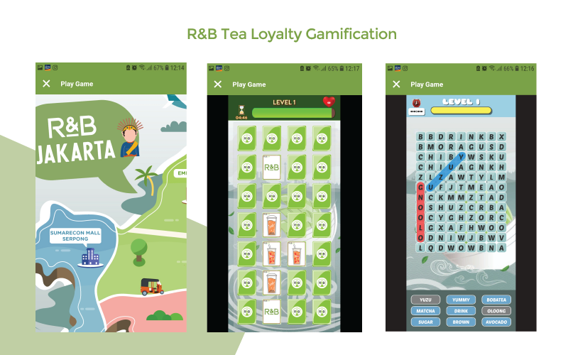 image of A gamified mobile app on R&B Tea loyalty program to engage the loyal members by playing interactive fun games to earn points benefit. In order to add more excitement, member can play different game play depends on which outlet they are in while they're buying. This way of engagement is also can be useful to break the stressful check out queue experience.​
